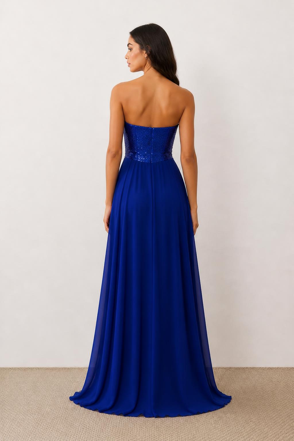 Emma | Royal Blue Evening Gown, Glamorous Low-Neck Sequin Style - back view