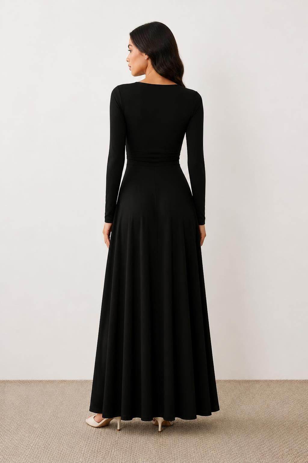 Charlotte | Long Sleeve A Line Dress, V-Neck with Ruched Waist - back view