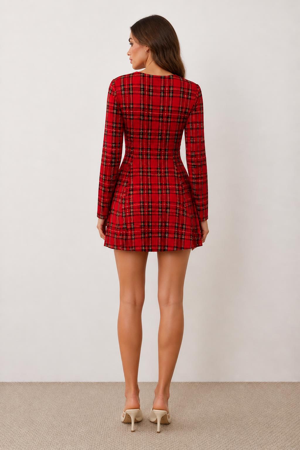 Emma | Plaid Mini Dress, Elegant Long-Sleeve Round-Neck A-Line - back view