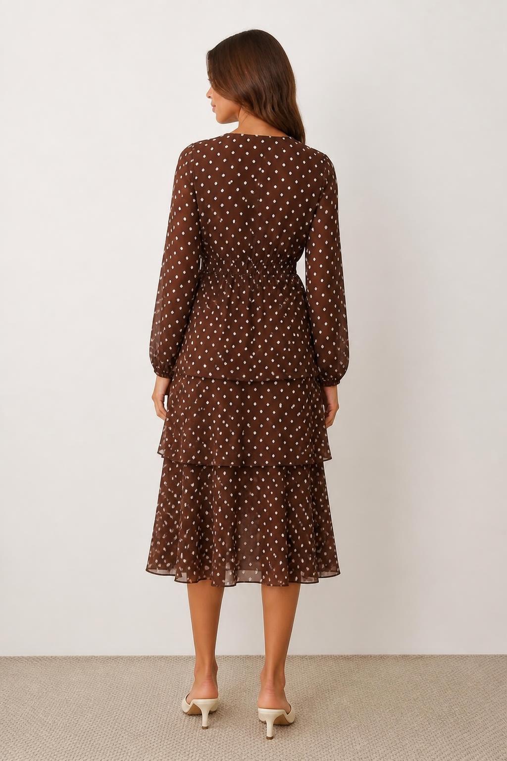 Amelia | Polka Dot Dress, Relaxed V-Neck Long-Sleeve Tiered Style - back view