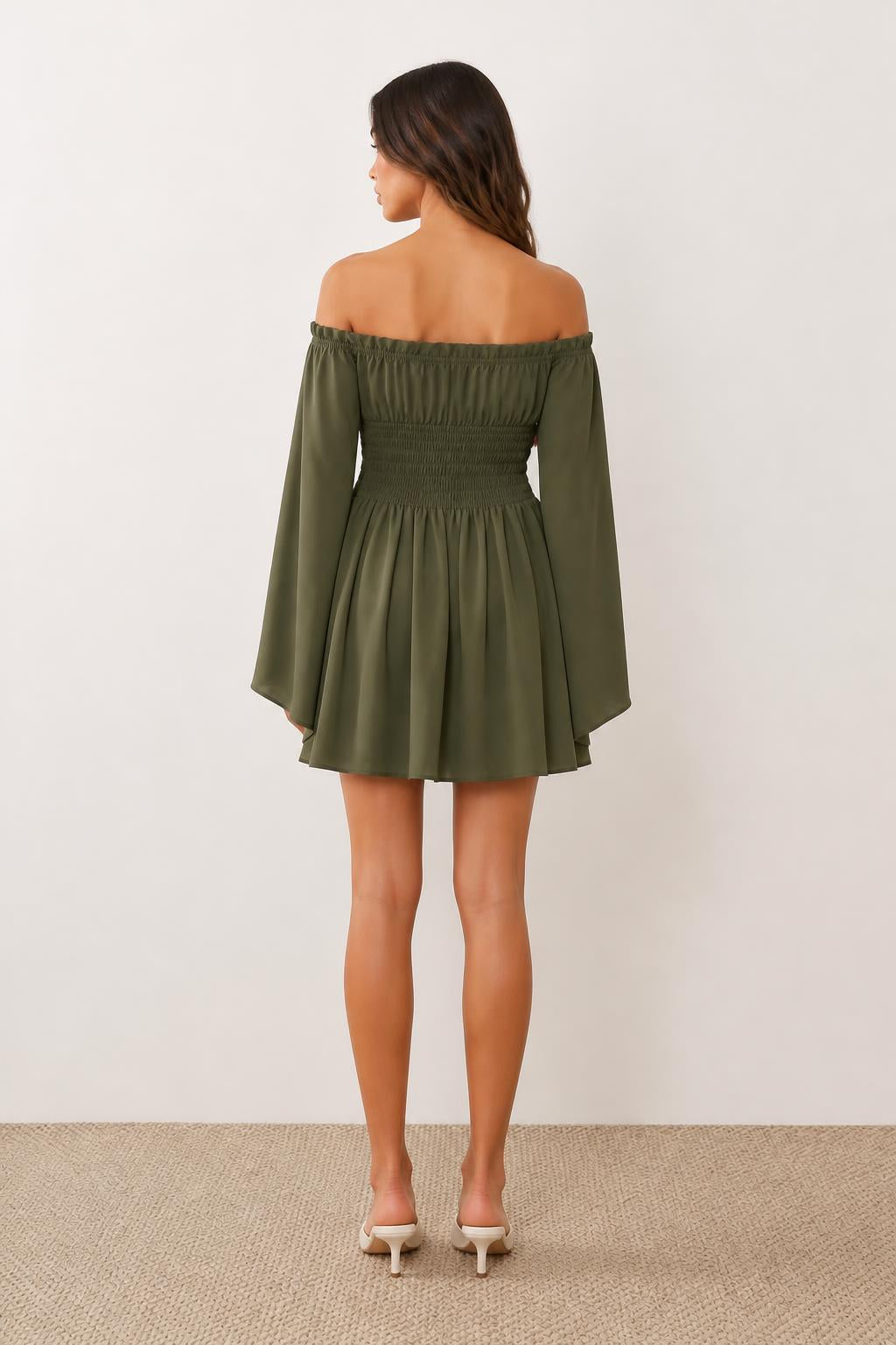 Mia | Off the Shoulder Dress, Pleated with Flared Long Sleeves - back view