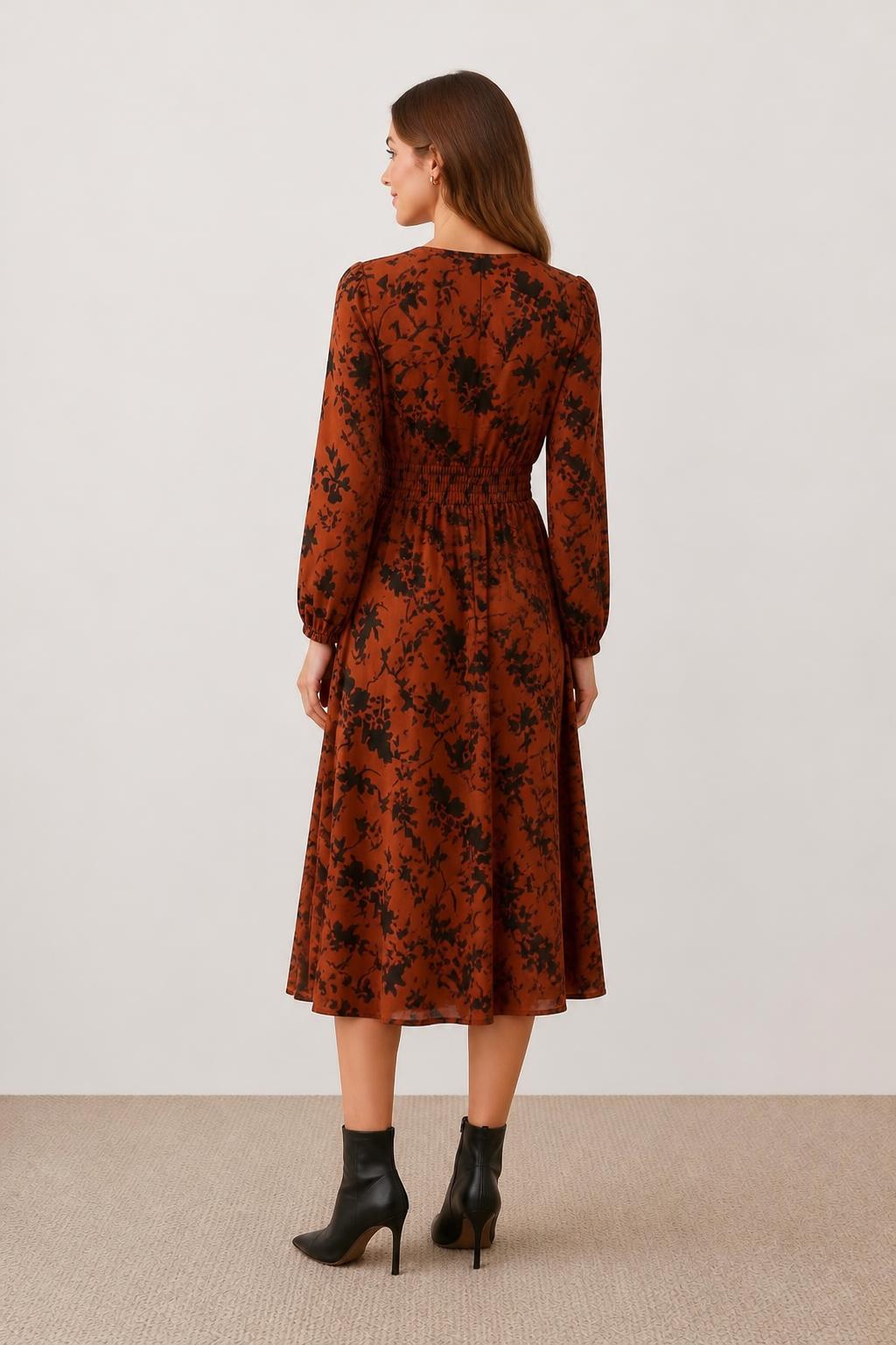 Evelyn | Floral Midi Dress, Drawstring Waist for Autumn and Winter - back view