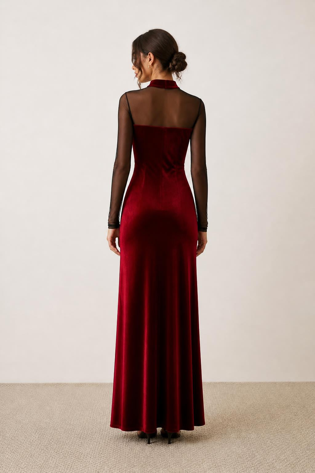 Eliana | Red Velvet Dress, Velour with Mesh Details - back view