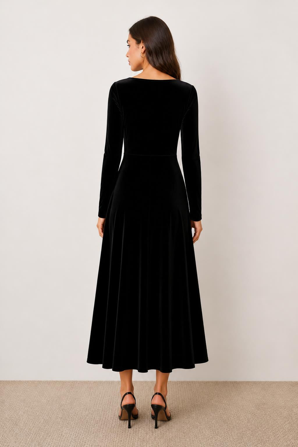 Mia | Long Sleeve Velvet Dress, A-Line with Square Neckline - back view
