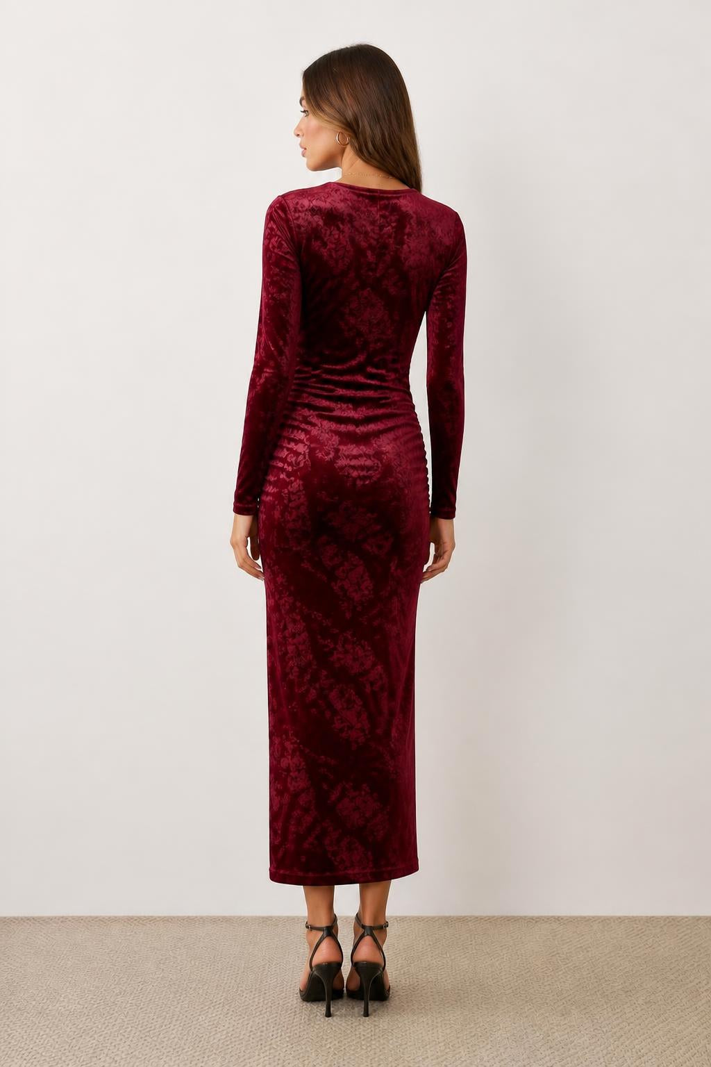 Isabella | Ruched Dress, Off-Shoulder Pleated Velvet - back view
