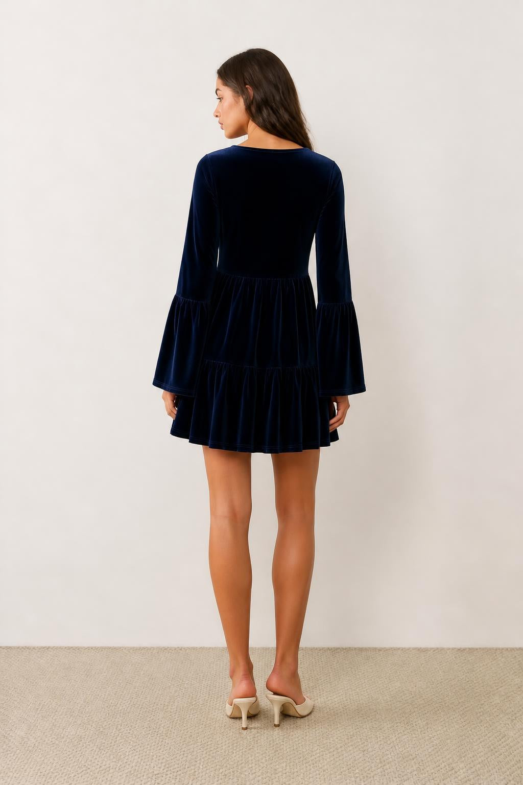 Evelyn | Pearl Dress, Elegant Velvet V-Neck with Pearl Trim - back view