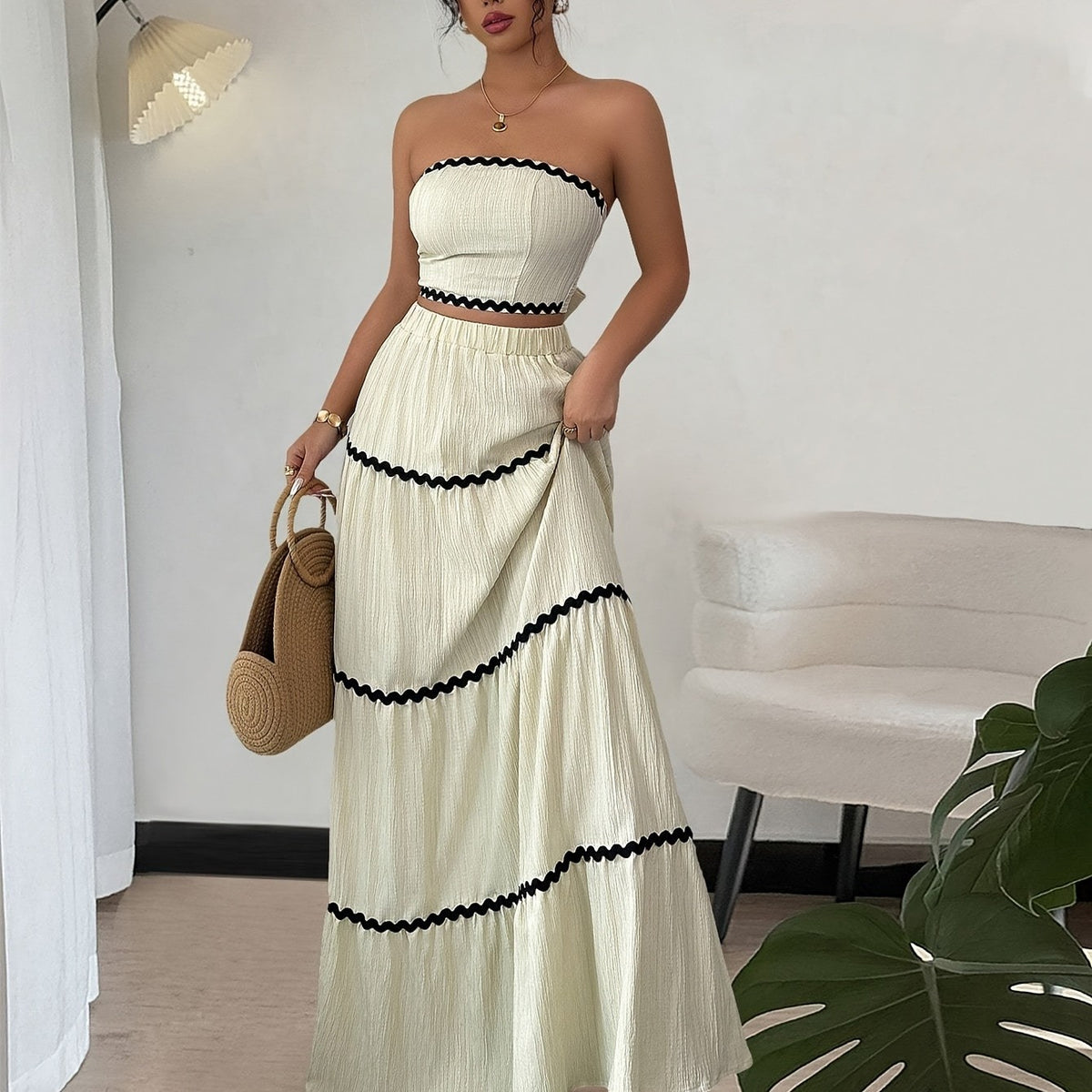 Two-piece Elegant Strapless Top and Skirt Set for Women