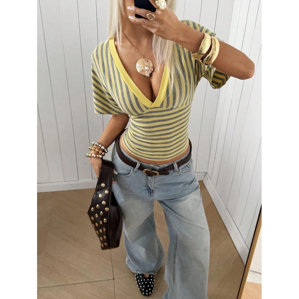 Women's Yellow-Grey Striped V-Neck Crop Top