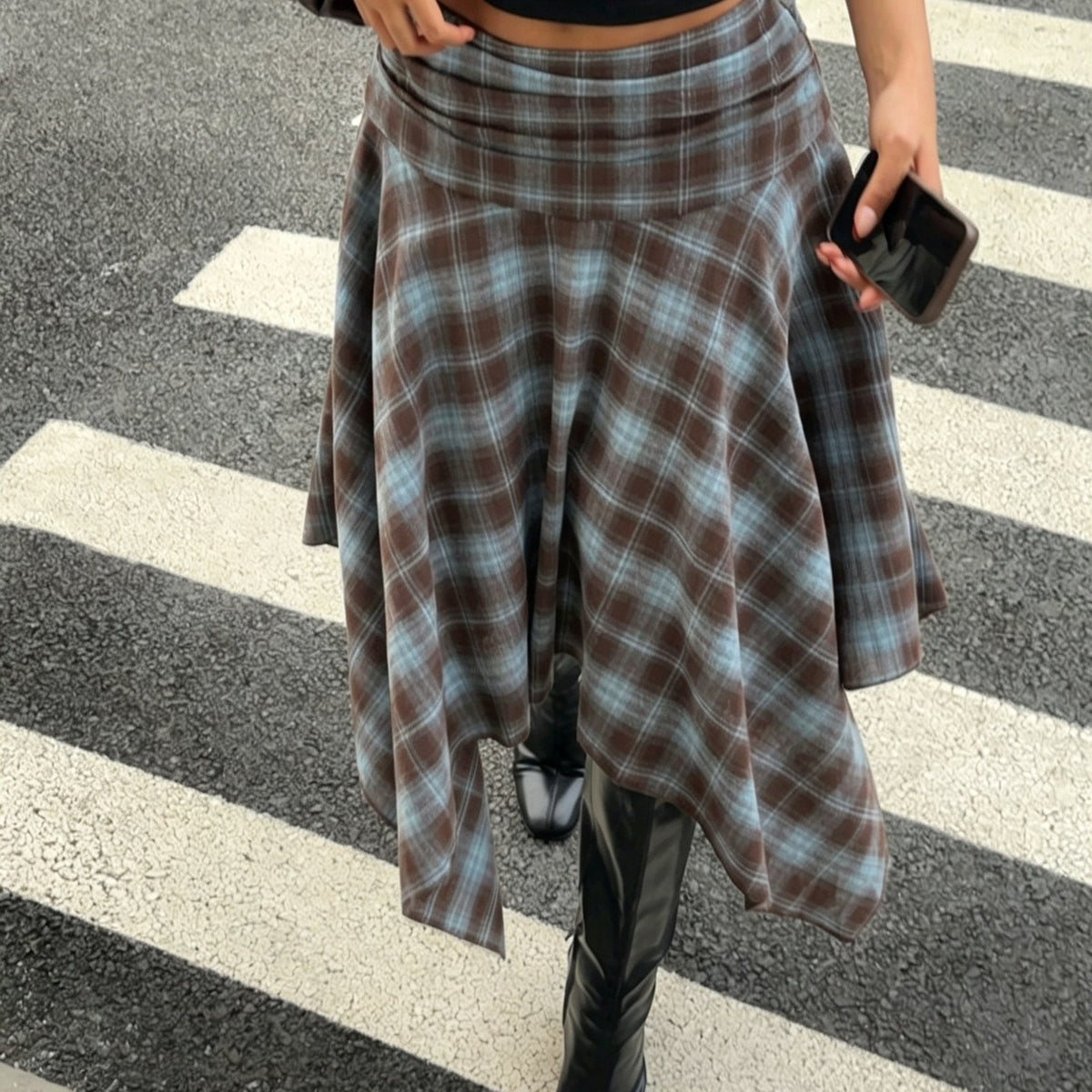 Women's Vintage Y2K Plaid Midi Skirt, High-Waist Asymmetric Hem