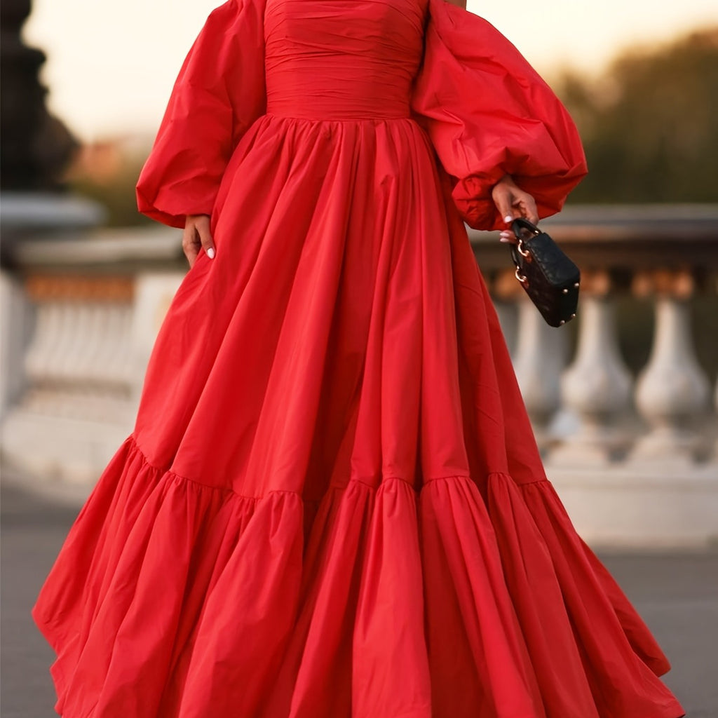 Women's Puff-Sleeve Long Solid Evening Dress