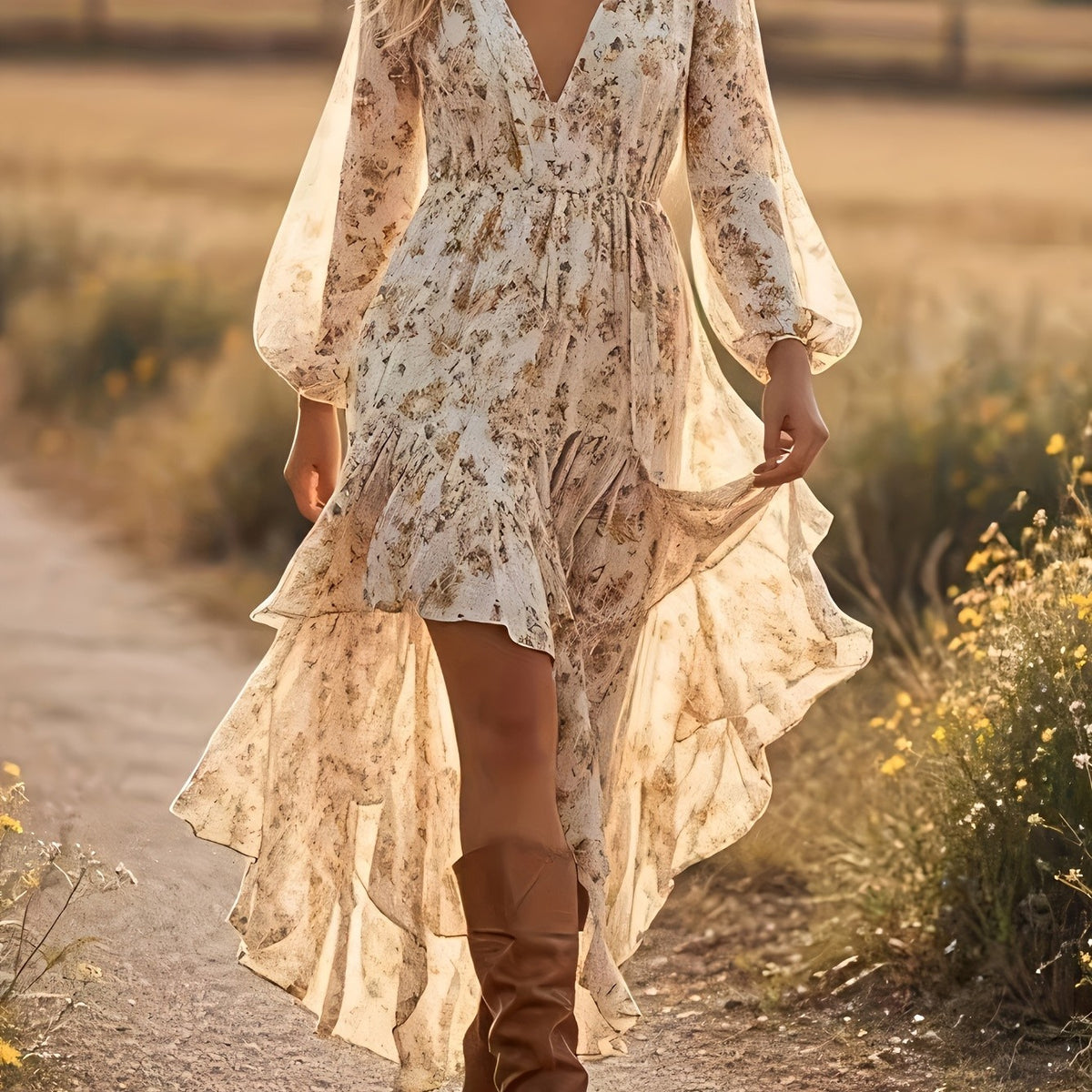 LN1470 Floral V-Neck Asymmetric Lace-Trim Vacation Dress