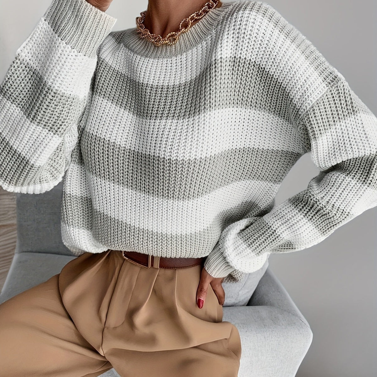 Striped Colorblock Crewneck Sweater, Relaxed Long Sleeve