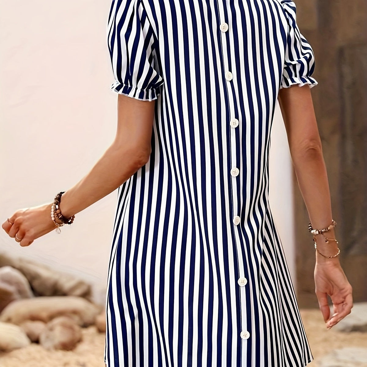Striped Shirt Dress with Buttons and Puff Sleeves
