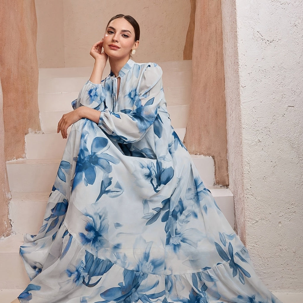 Women's Floral Waist-Tie Lantern-Sleeve A-line Maxi Dress