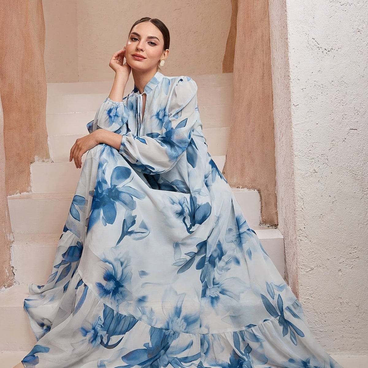 Women's Floral Waist-Tie Lantern-Sleeve A-line Maxi Dress