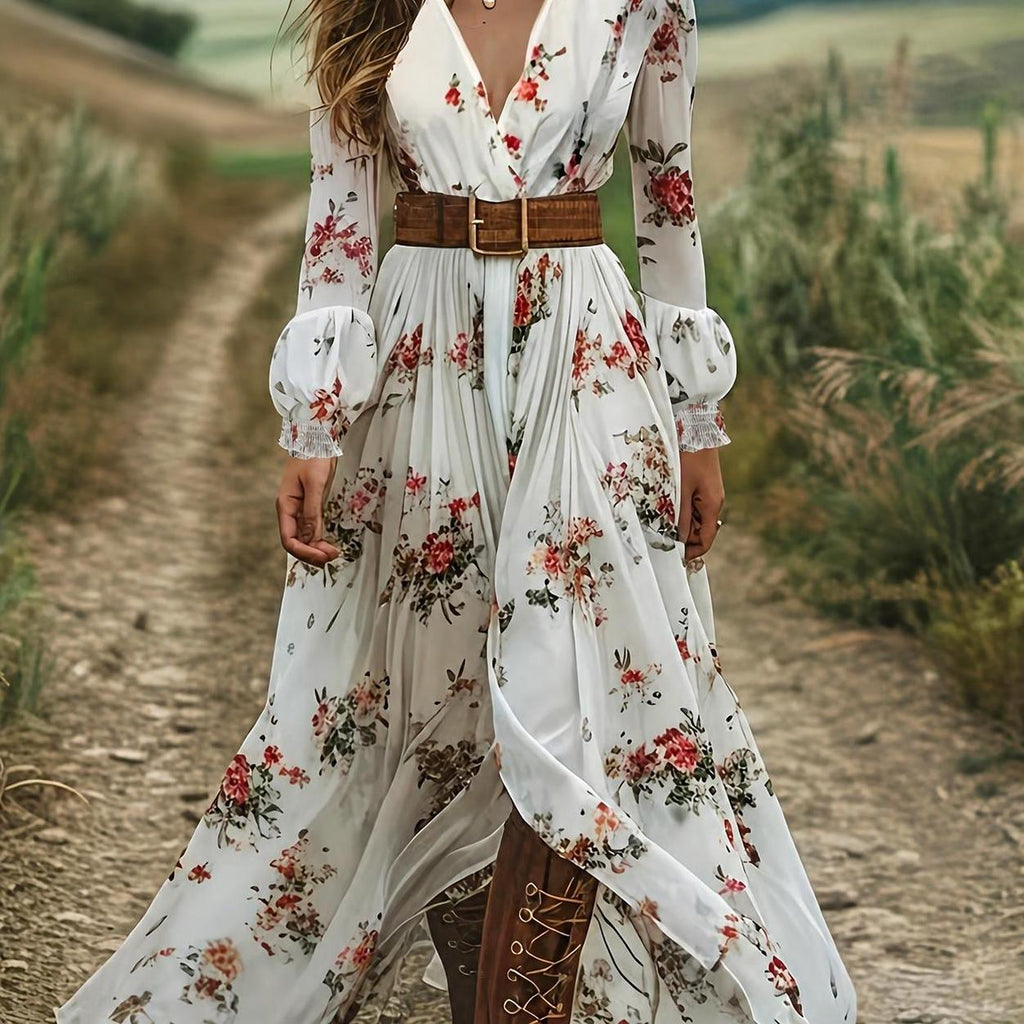 V-neck Floral Long-Sleeve Bohemian Maxi Dress (No Belt)