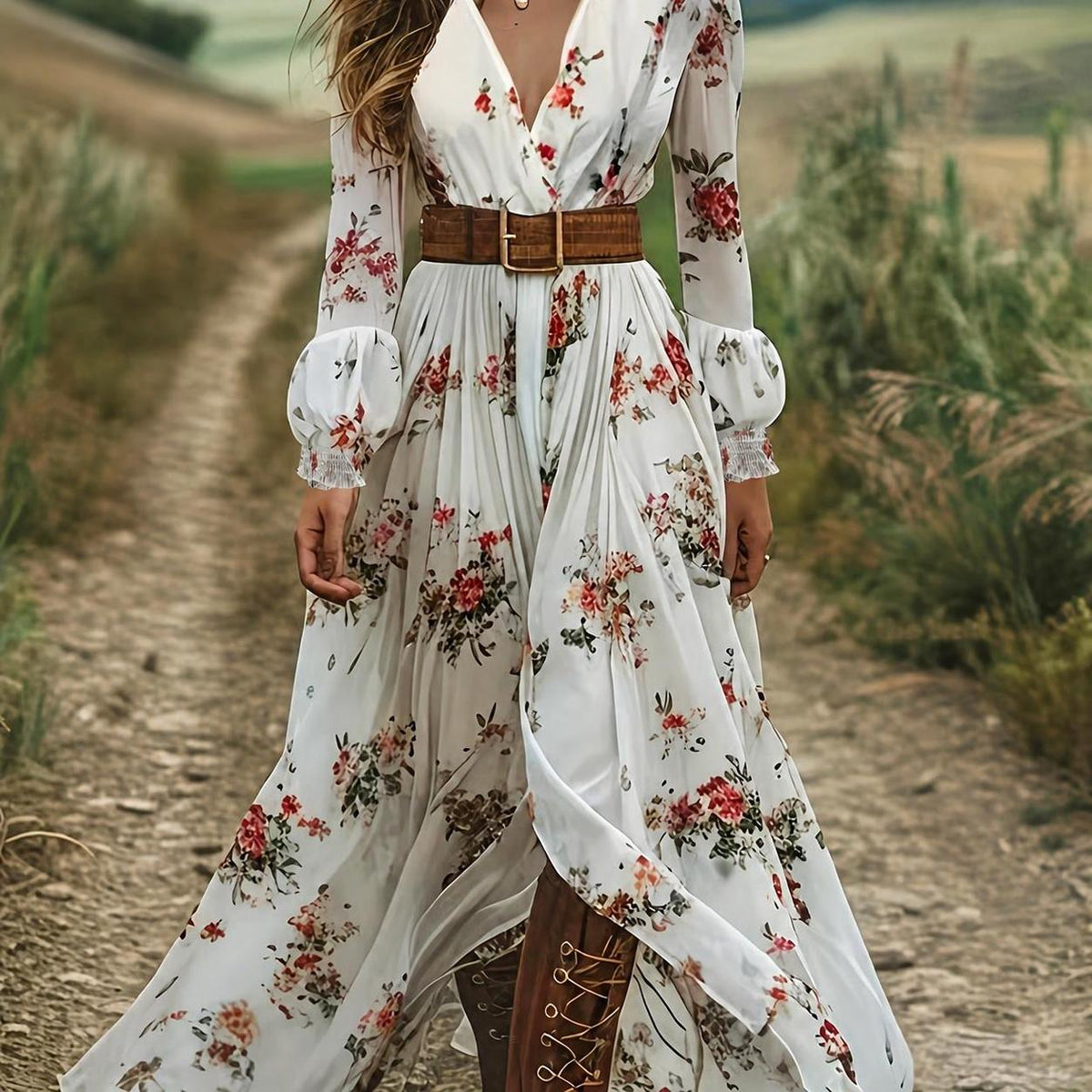 V-neck Floral Long-Sleeve Bohemian Maxi Dress (No Belt)
