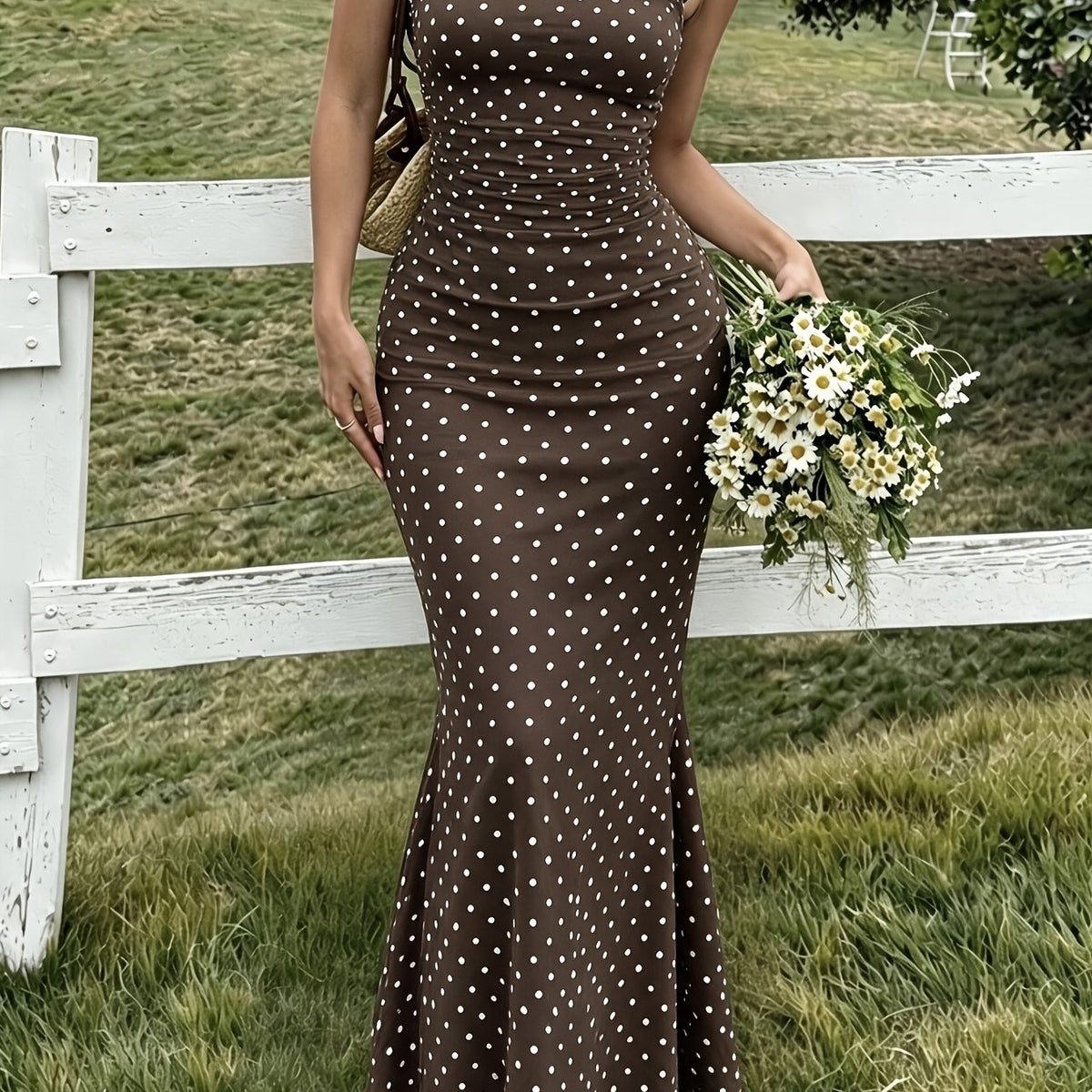 Elegant Women's Polka Dot Maxi Dress with Square Neckline