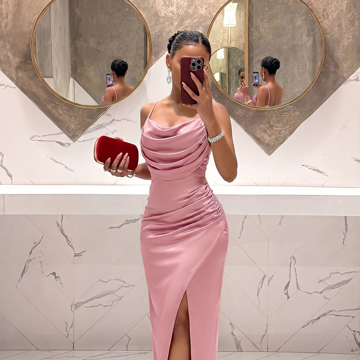 Elegant Cami Pleated High-Slit Wrap Dress