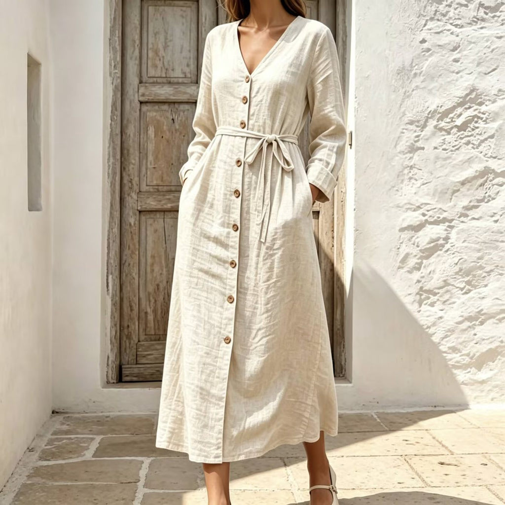 Women's Linen Maxi Dress with V-Neck, Front Buttons, Belt, Long Sleeves