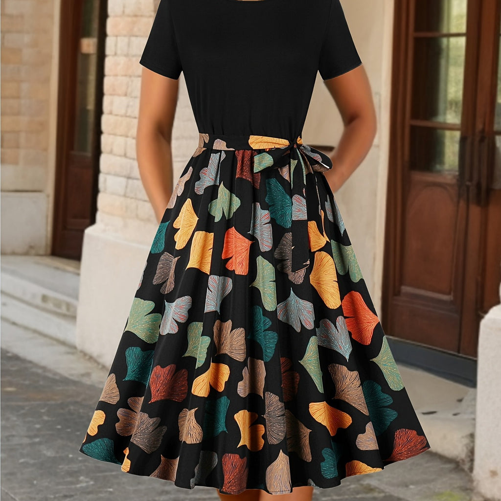 Floral Round-Neck Short-Sleeve Dress with Belt