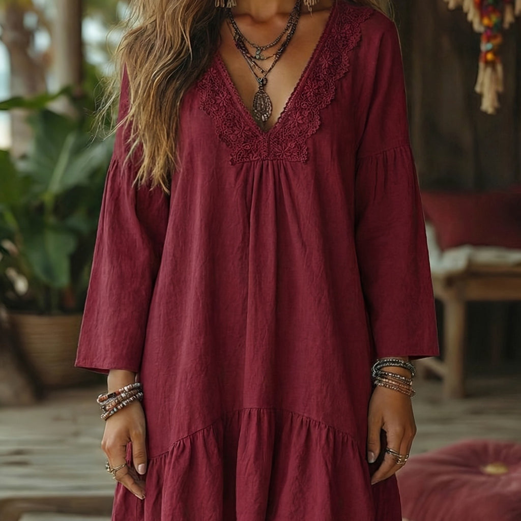 Romantic Bohemian V-neck Ruffle Cotton Dress