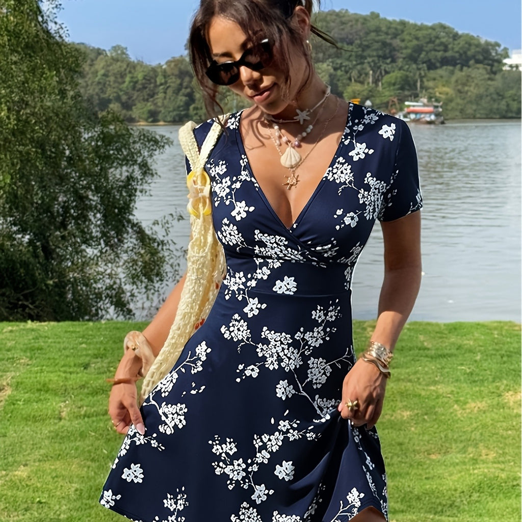Women's V-Neck Flared Dress with White Floral Print