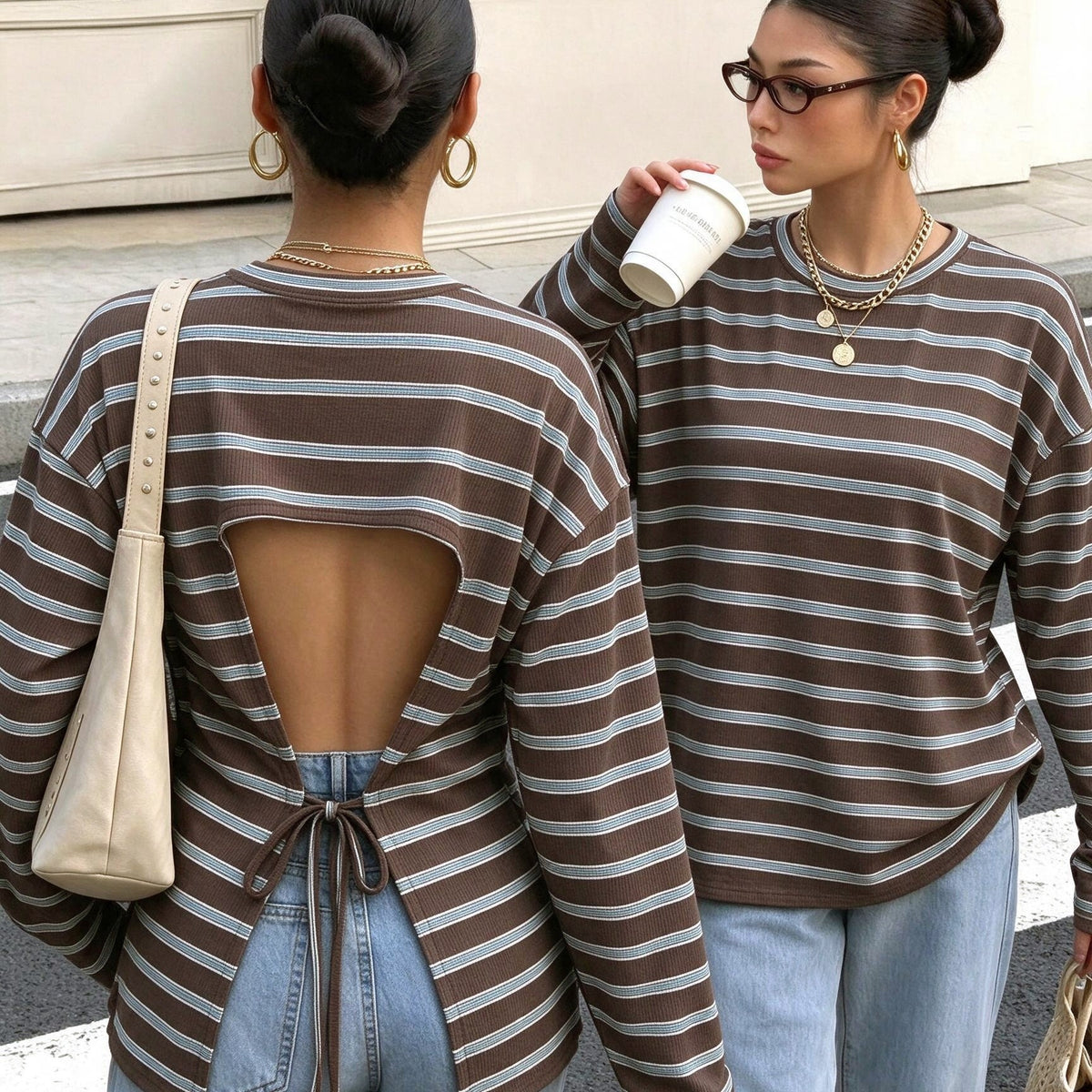 Women's Long-Sleeve Striped Backless Tie T-Shirt