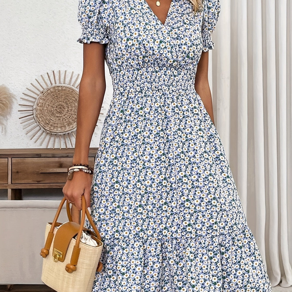 Women's Short-Sleeve Puff-Sleeve Printed Mid-Length Dress