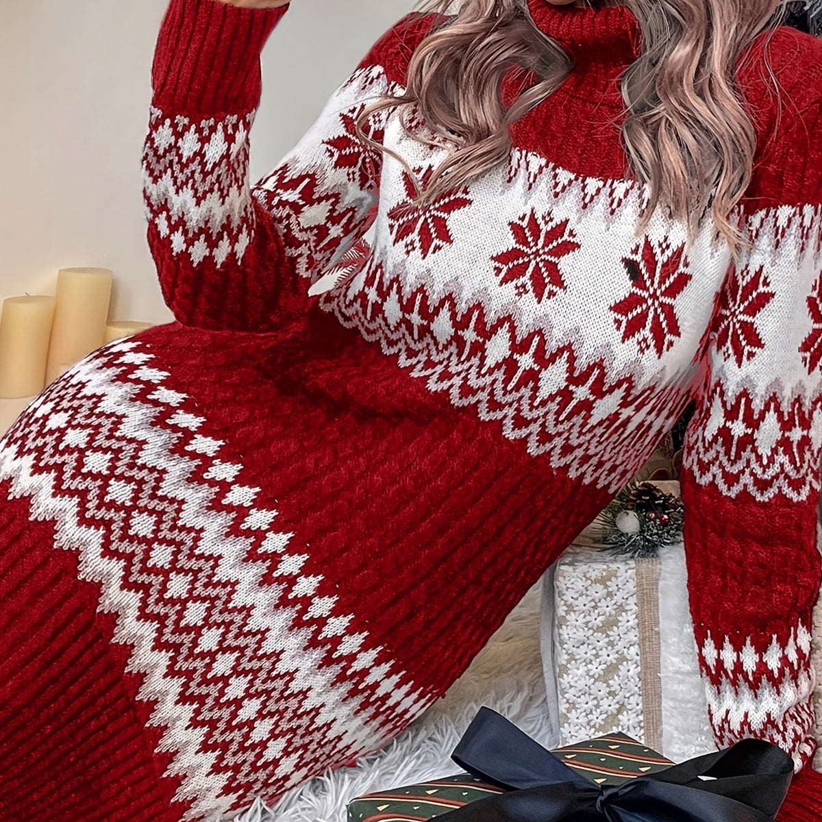 High-Neck Colorblock Women's Red Sweater Dress