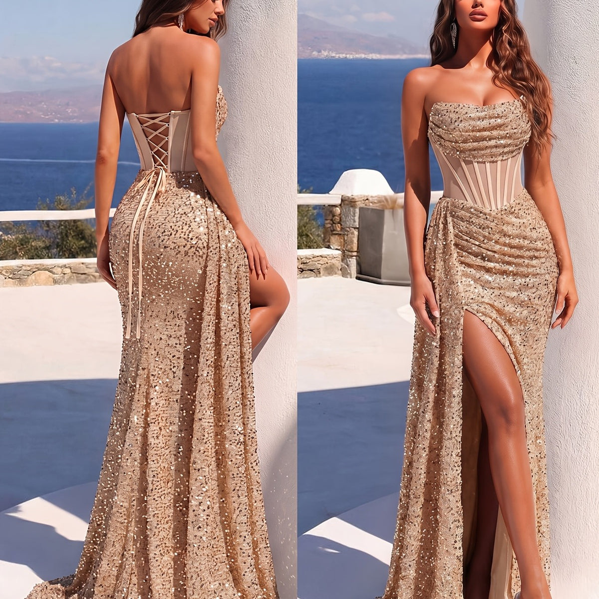 Sequin Bandeau Strapless Bodycon Evening Gown with High Slit