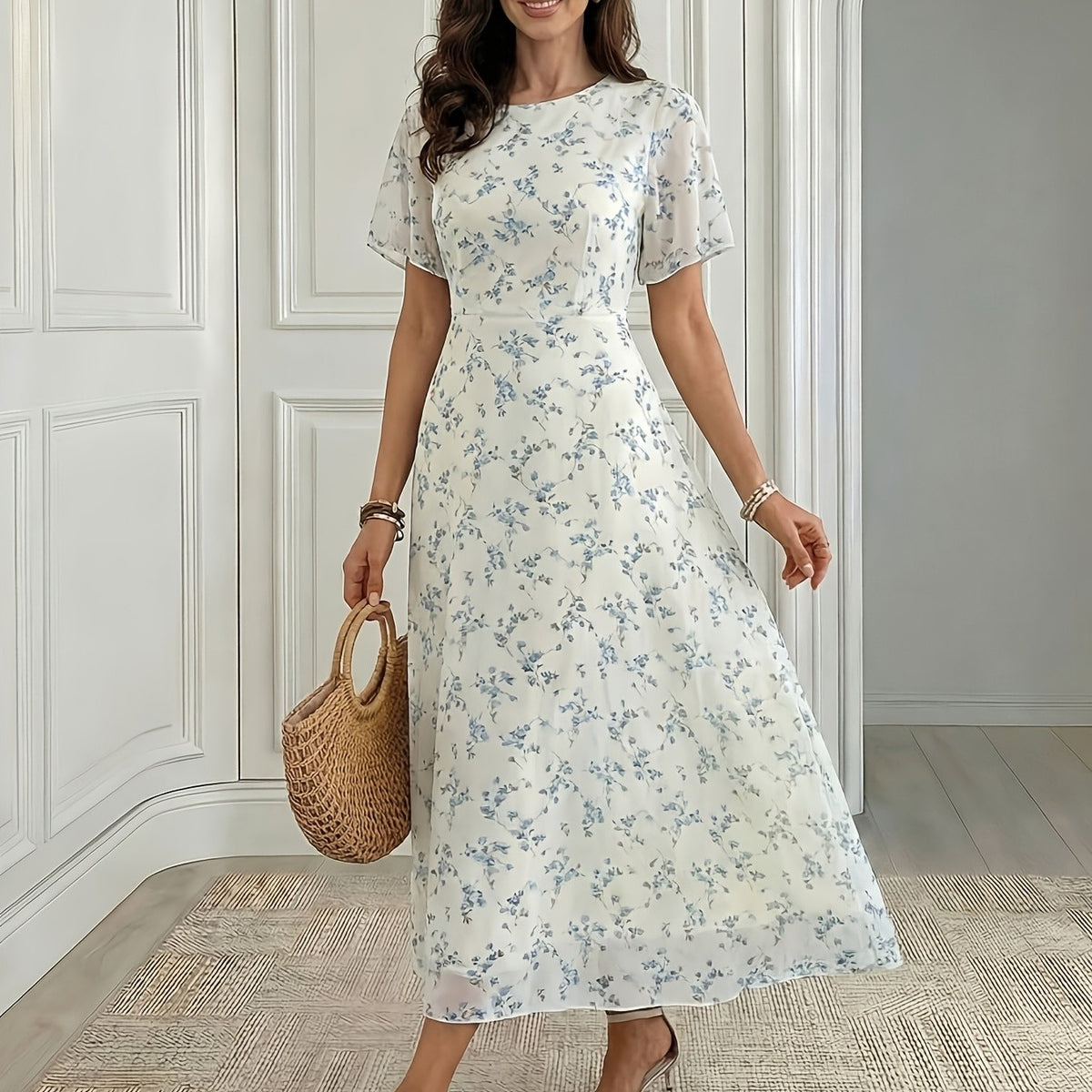 Elegant Floral Round-Neck Short-Sleeve Midi Dress