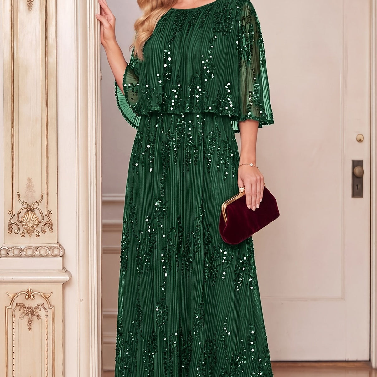 Sequin Pleated Mesh Maxi Dress with Cape Sleeves