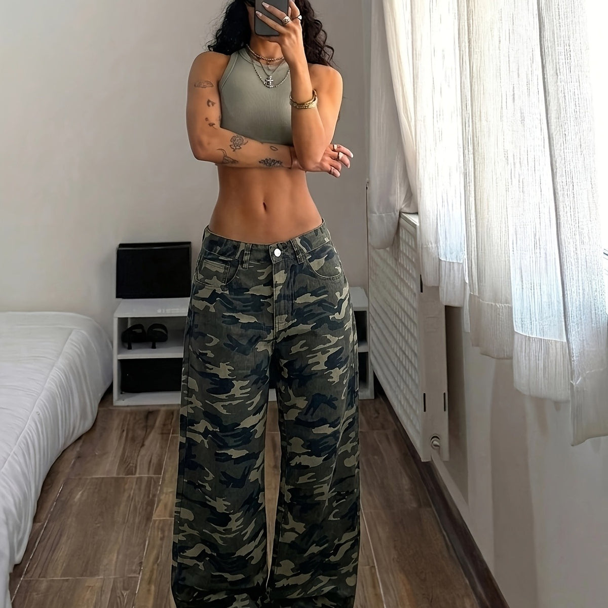 Vintage Camo High-Waist Wide-Leg Jeans for Women