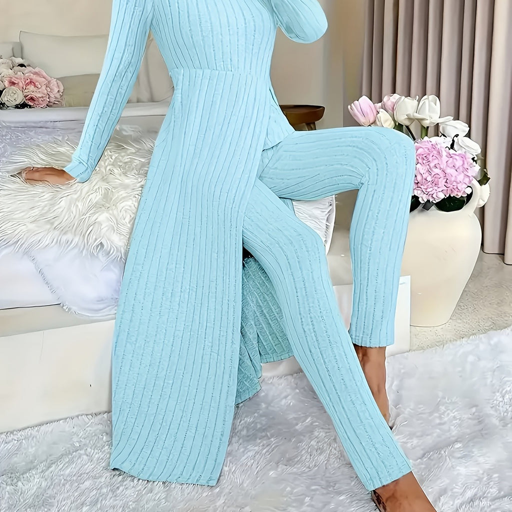 Autumn-Winter Casual Robe and Pants Set with High-Slit Dress