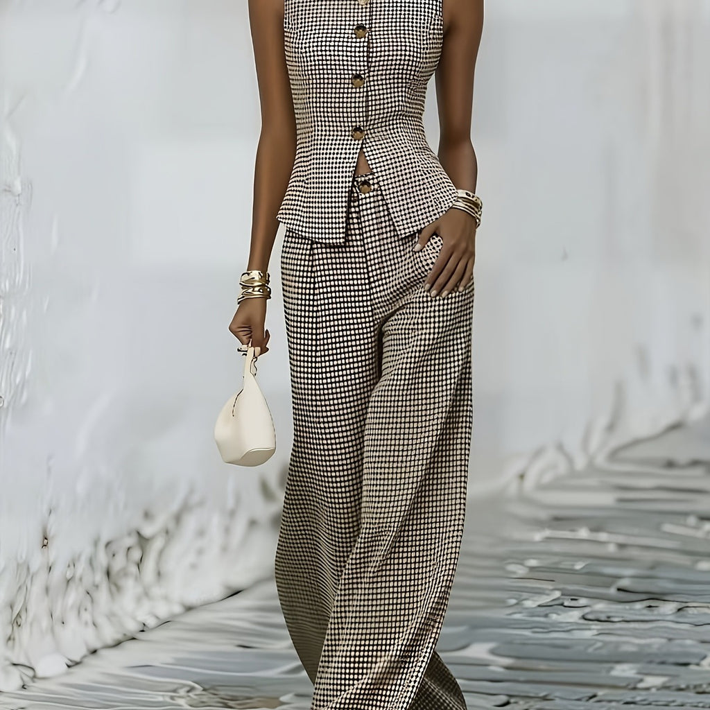 Vintage Checked Sleeveless Top and Pants Set, High-Waist