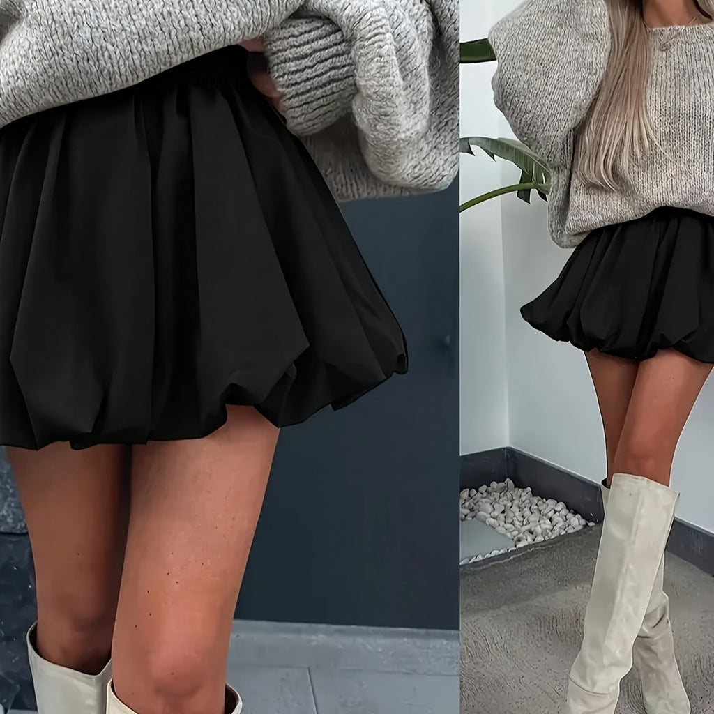 Solid Bubble Skirt with Elastic Waist