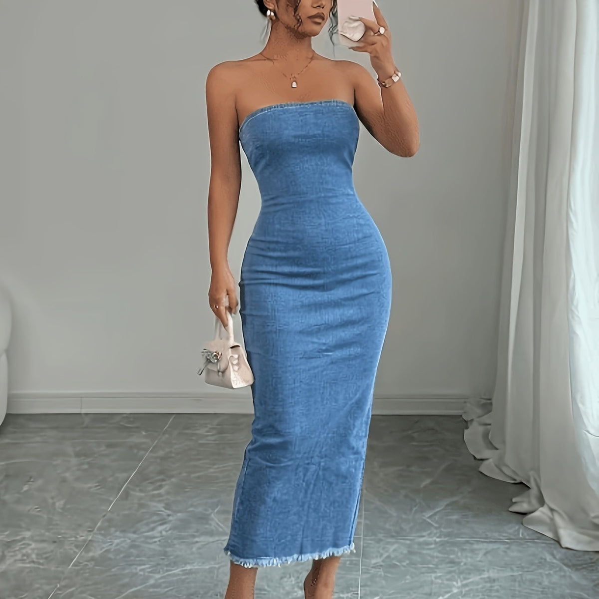Women's Distressed Denim Bodycon Dress with Thong