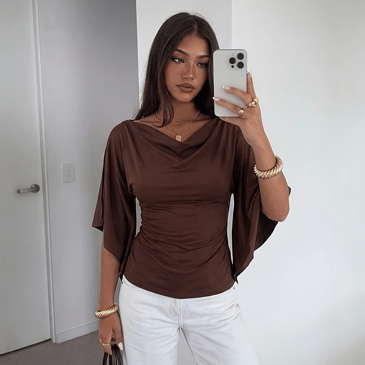Elegant Coffee-Brown Ruffle Short-Sleeve Women's Top
