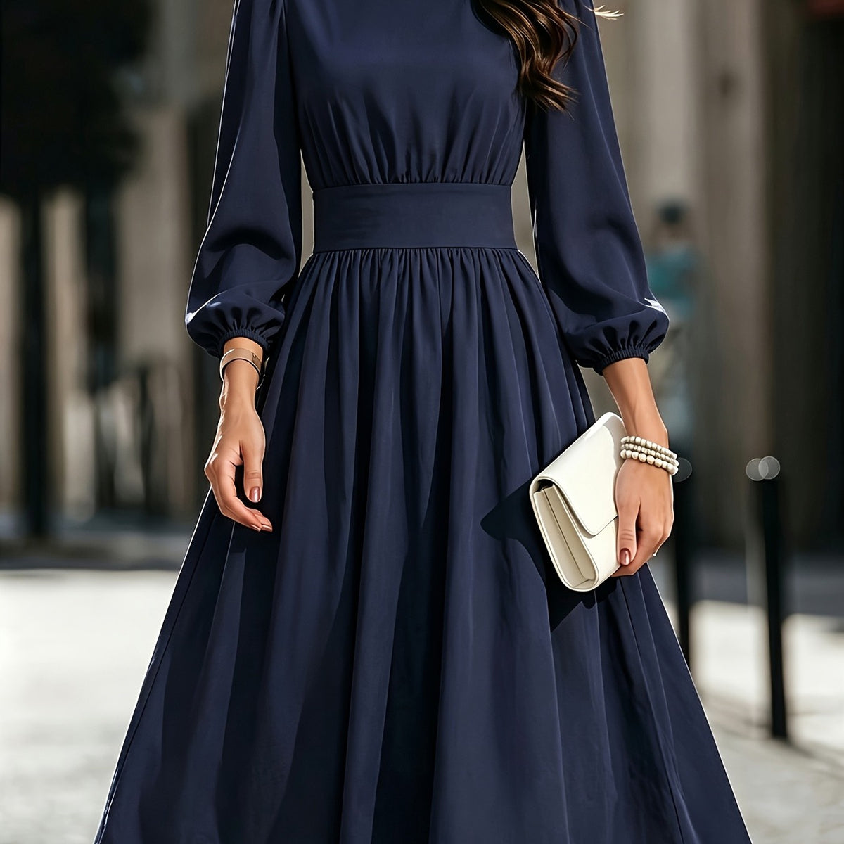Solid Midi Women's Dress with Lantern Sleeves and Gathered Waist