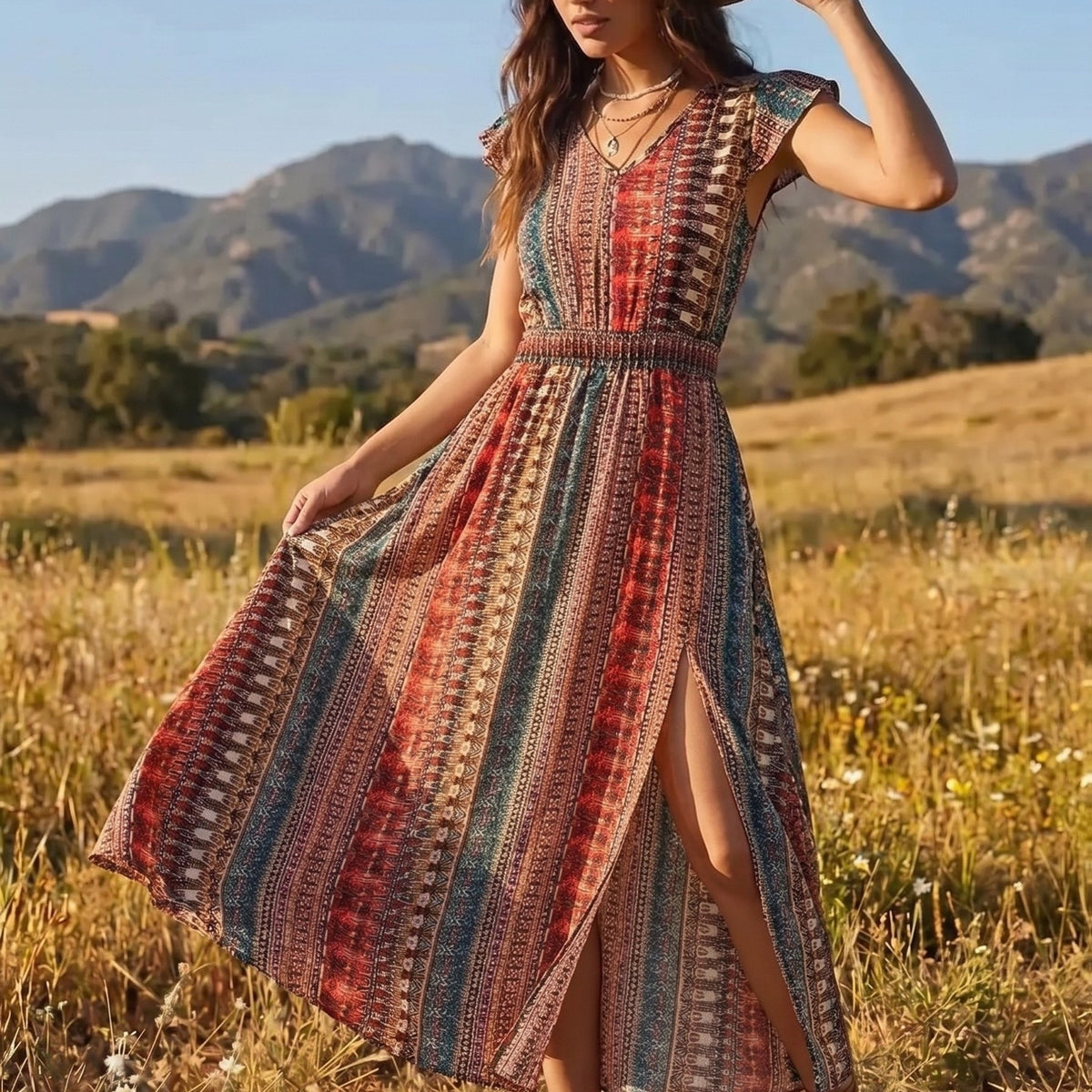 Women's Bohemian V-Neck Maxi Dress with Waist Tie & High Slit