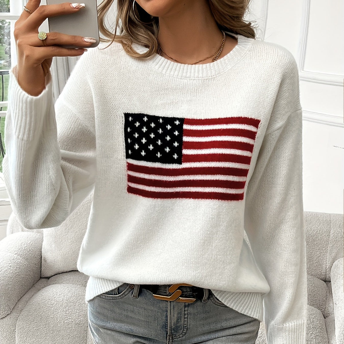 Long-sleeve sweater with American flag
