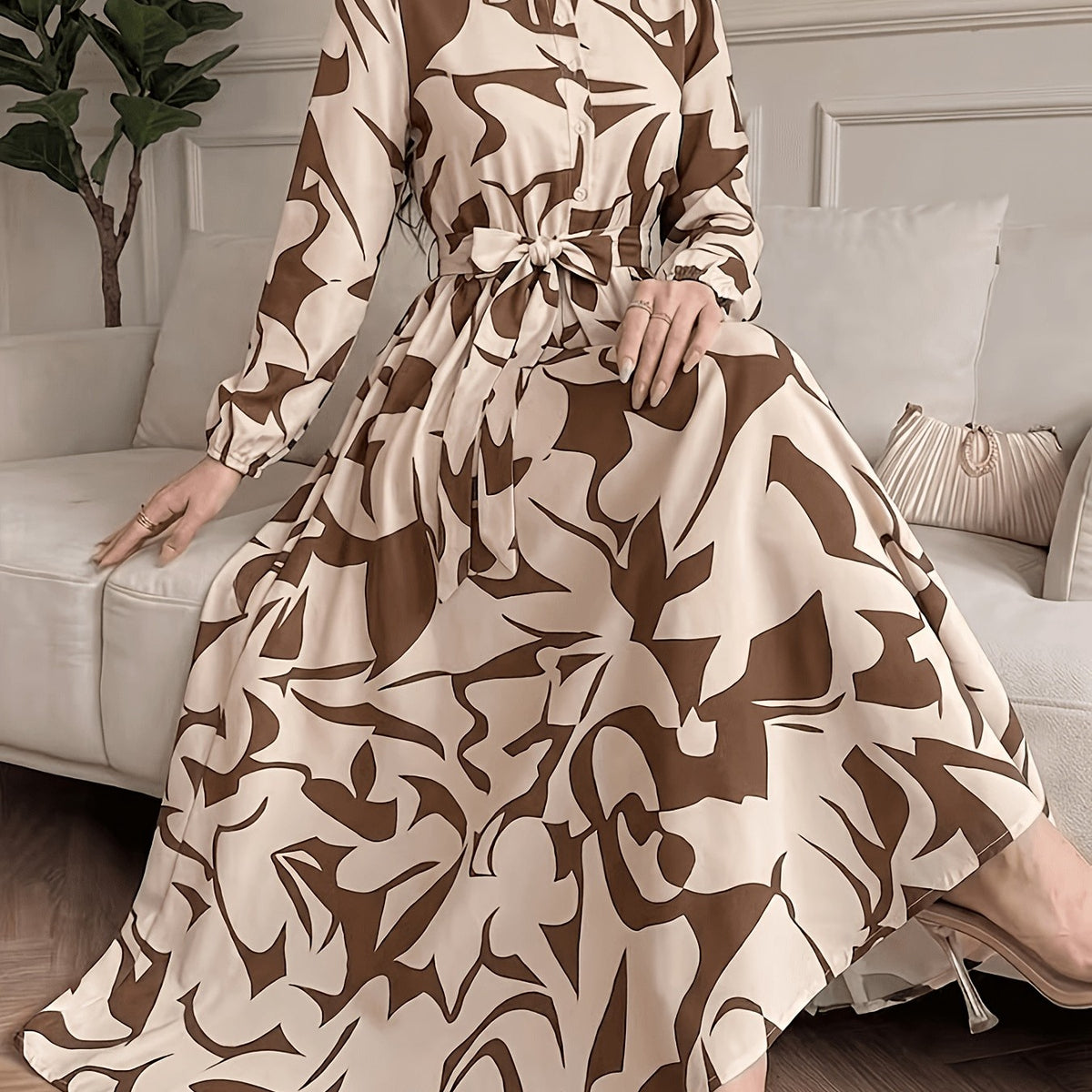 Elegant Printed Long-Sleeve Maxi Dress with Stand Collar