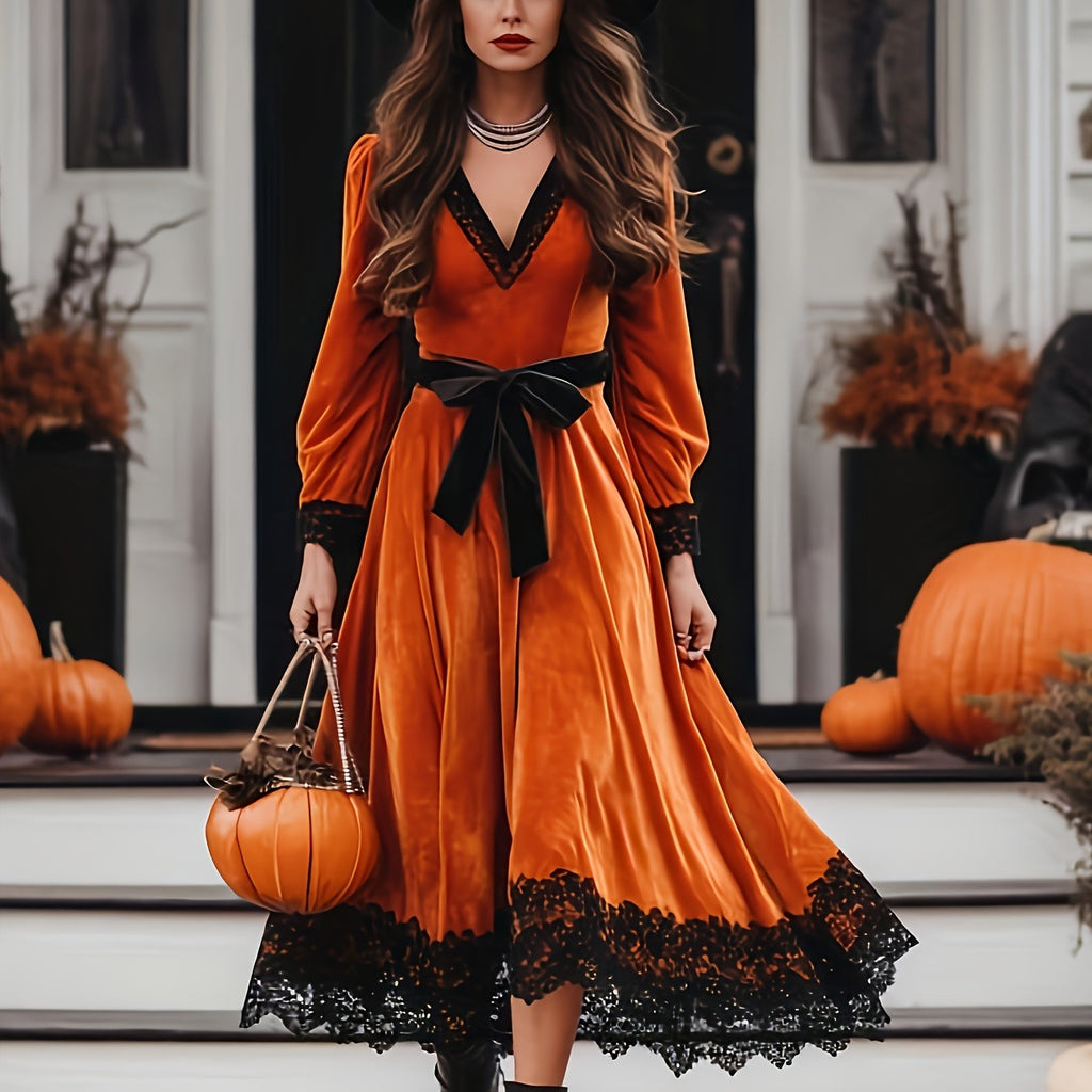 Women's Vintage Orange Velvet Dress with V-neck and Lace Trim