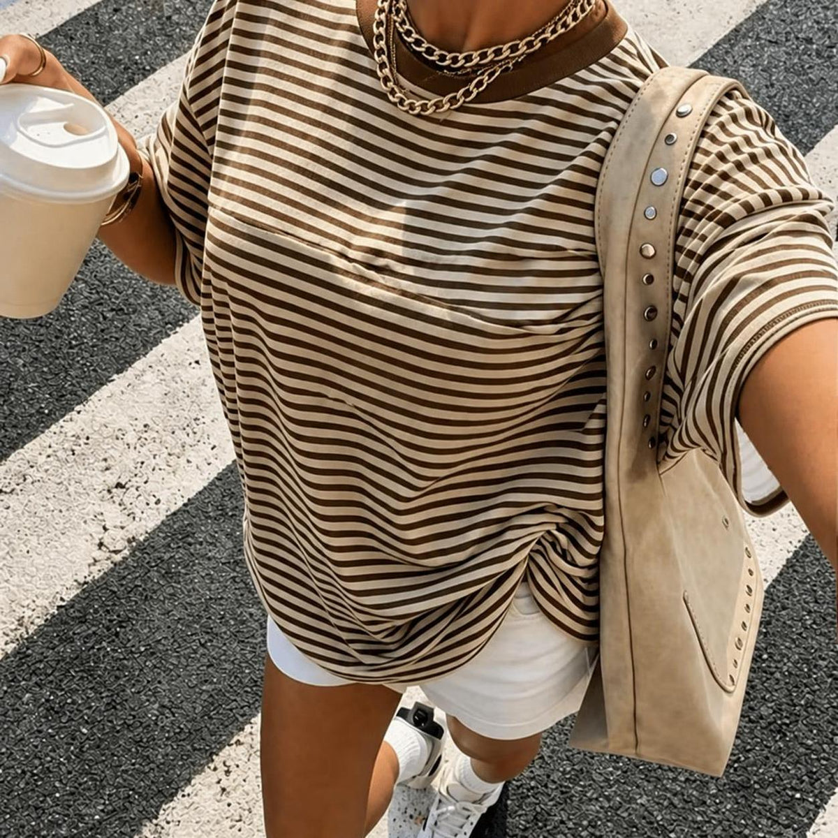 Women's Brown Striped Round-Neck T-Shirt, Relaxed Sporty Fit