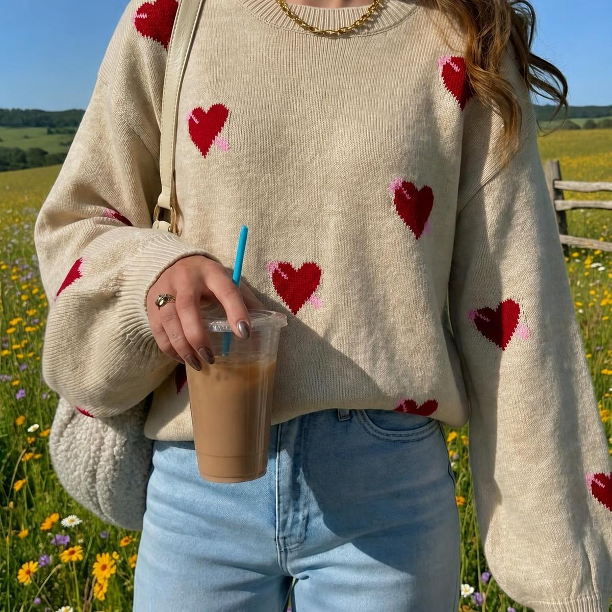 Women's Autumn Sweater — Relaxed Round-Neck with Heart Pattern