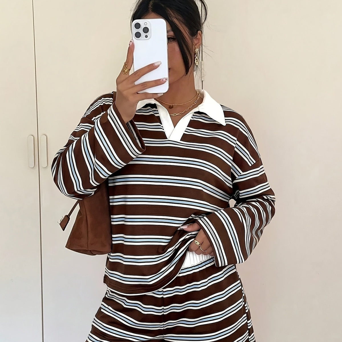 Women's Colorblock Two-Piece Set with Striped Polo Collar