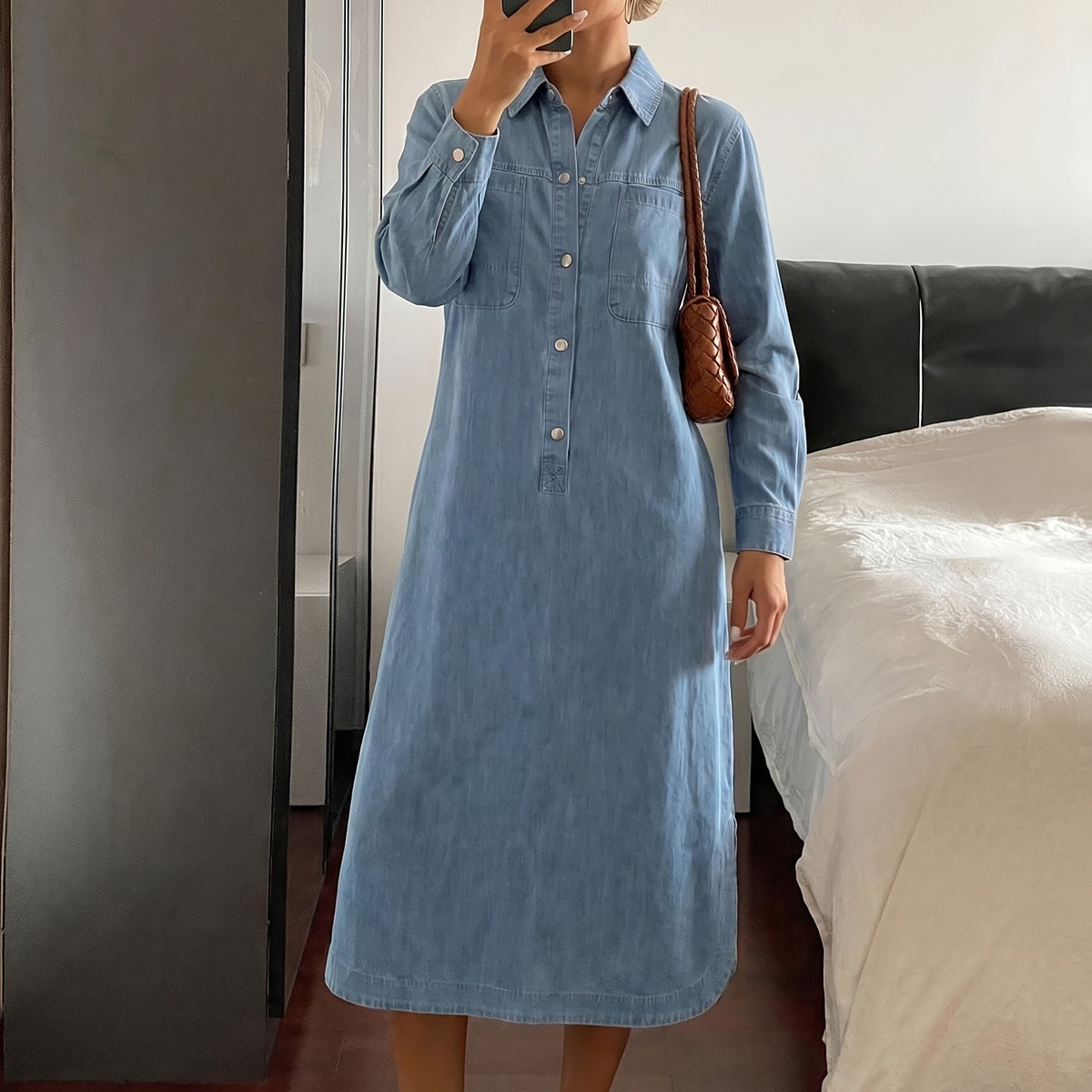 Women's Vintage Relaxed Half-Button Mid-Length Denim Dress