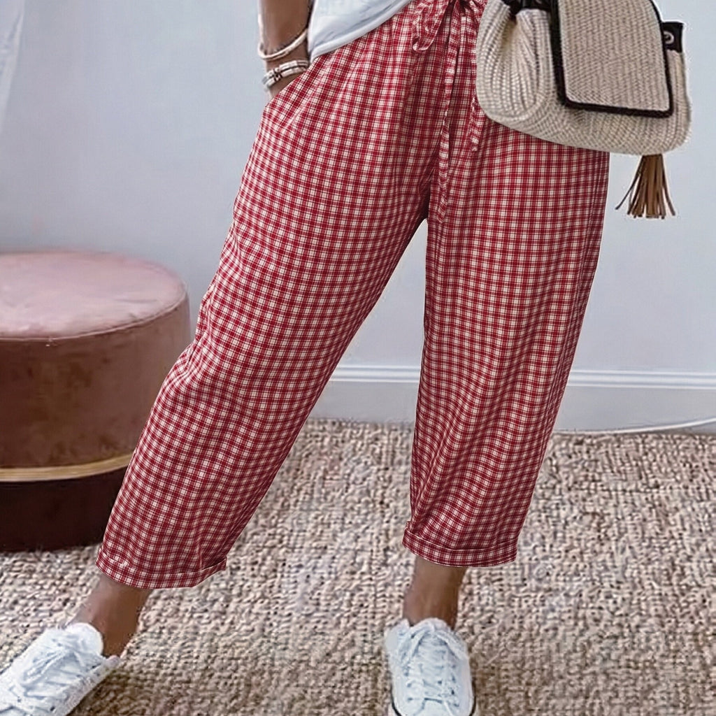 Women's Checked Pants with Elastic Waist and Wide Legs