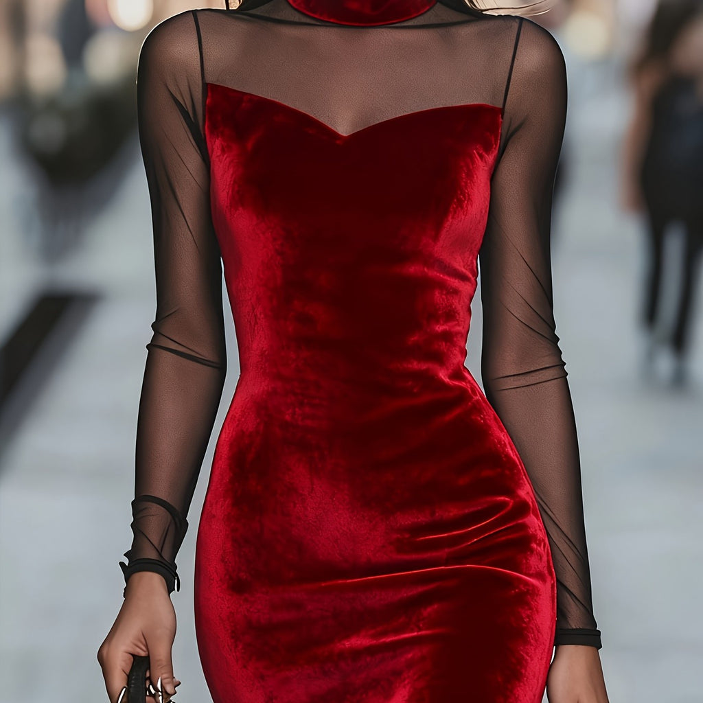 Velour Velvet Red Dress with Mesh Details